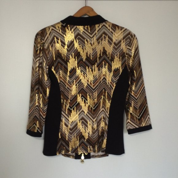 Joseph Ribkoff Womens Gold Sequin Print Top Sz 8 Zig Zag Pattern 3\4 Sleeve Zip - Picture 2 of 6